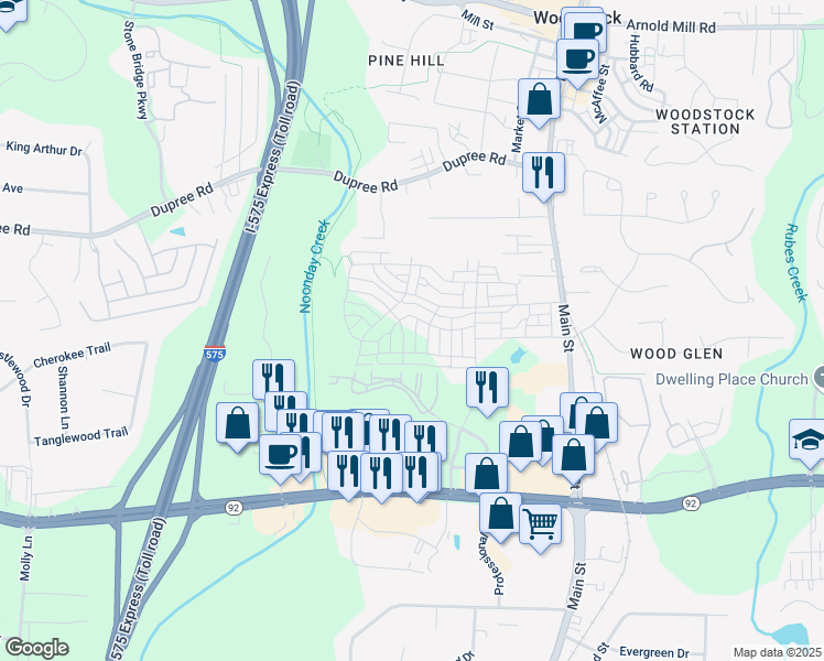 map of restaurants, bars, coffee shops, grocery stores, and more near 1009 Fendley Street in Woodstock