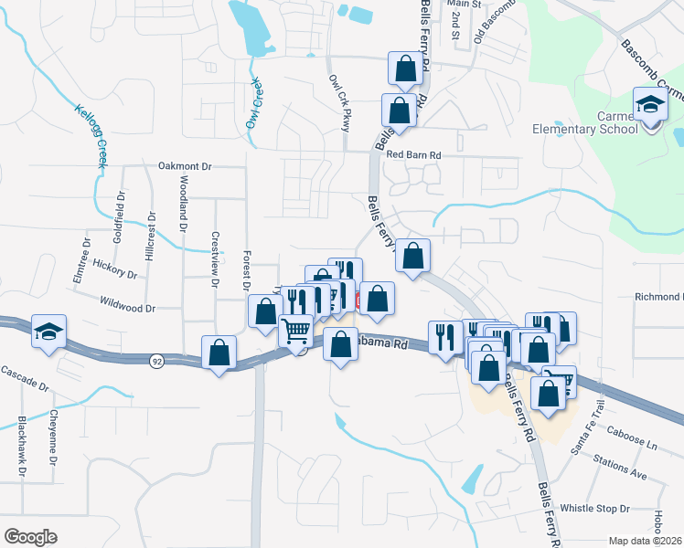 map of restaurants, bars, coffee shops, grocery stores, and more near 1216 Siesta Lane in Acworth