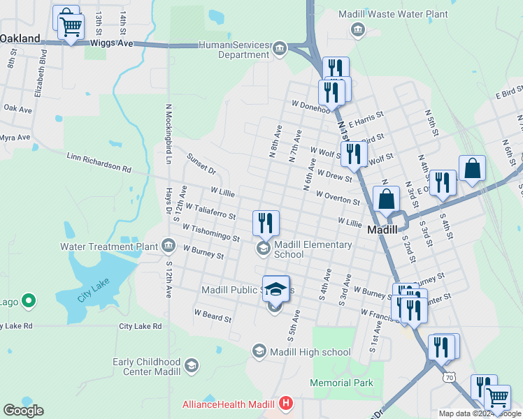 map of restaurants, bars, coffee shops, grocery stores, and more near 708 West Lillie in Madill