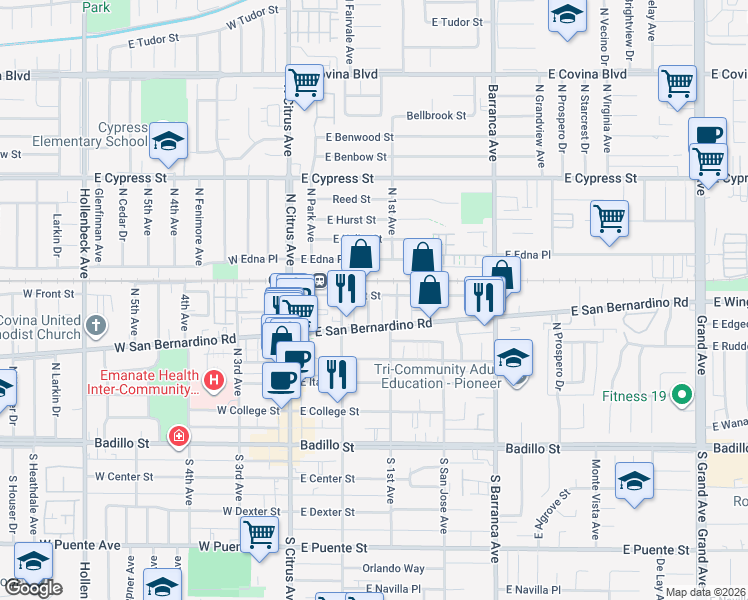 map of restaurants, bars, coffee shops, grocery stores, and more near 251 East Front Street in Covina