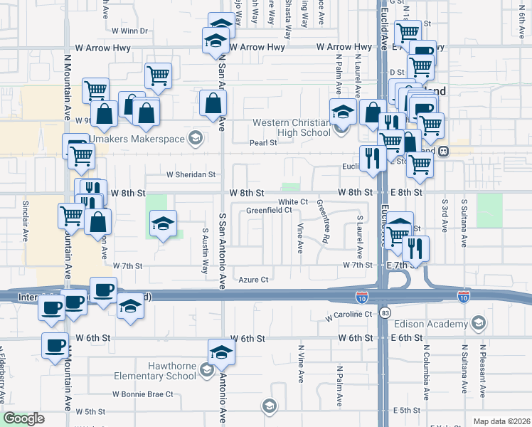 map of restaurants, bars, coffee shops, grocery stores, and more near 266 South Van Ness Avenue in Upland