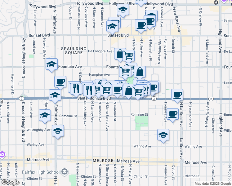 map of restaurants, bars, coffee shops, grocery stores, and more near 1147 North Gardner Street in Los Angeles