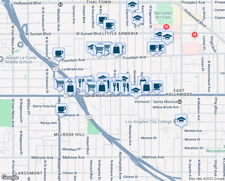 map of restaurants, bars, coffee shops, grocery stores, and more near 1152 North Kingsley Drive in Los Angeles