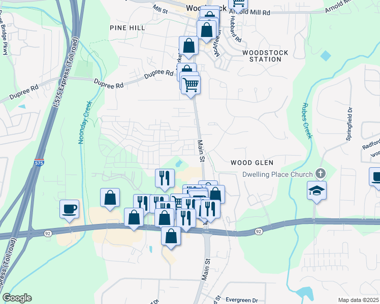 map of restaurants, bars, coffee shops, grocery stores, and more near 963 South On Main Drive in Woodstock