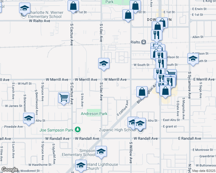 map of restaurants, bars, coffee shops, grocery stores, and more near 456 West Carter Street in Rialto