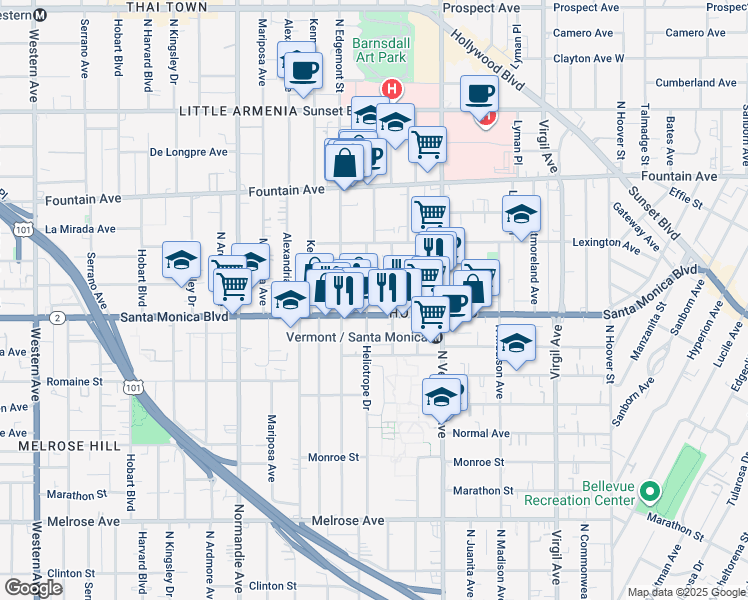 map of restaurants, bars, coffee shops, grocery stores, and more near 1118 Heliotrope Drive in Los Angeles