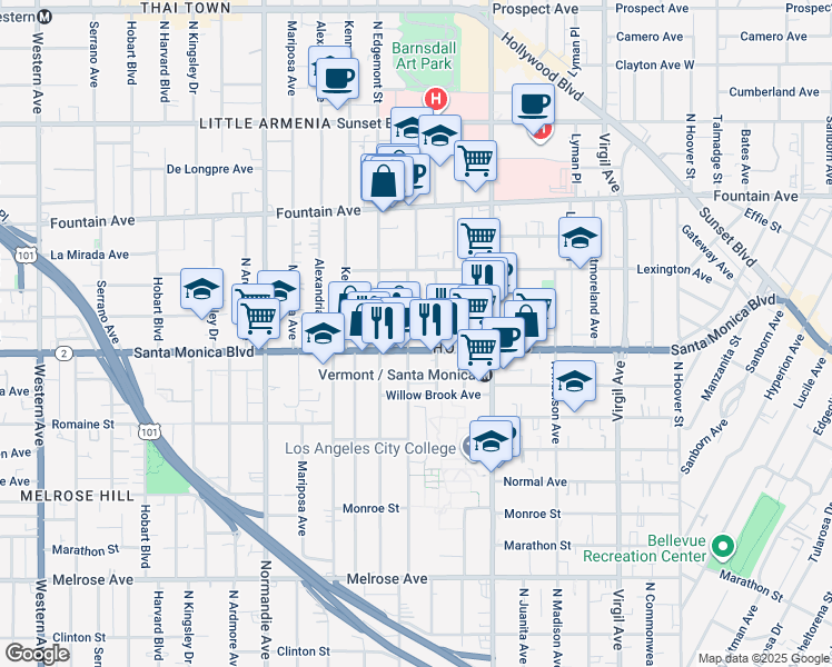 map of restaurants, bars, coffee shops, grocery stores, and more near 1118 Heliotrope Drive in Los Angeles