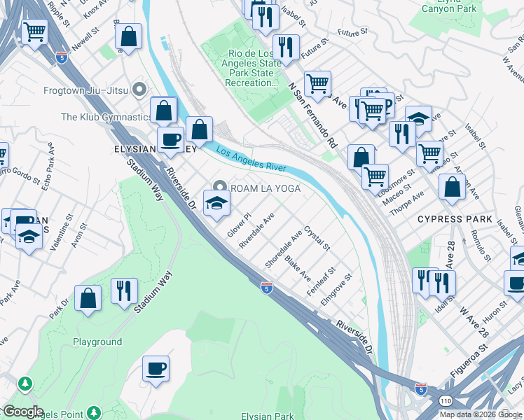 map of restaurants, bars, coffee shops, grocery stores, and more near 2330 Glover Place in Los Angeles