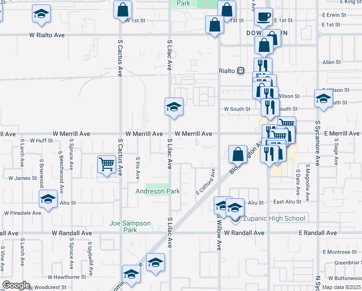 map of restaurants, bars, coffee shops, grocery stores, and more near 456 West Carter Street in Rialto