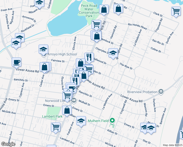map of restaurants, bars, coffee shops, grocery stores, and more near 11632 Roseglen Street in El Monte