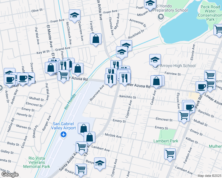 map of restaurants, bars, coffee shops, grocery stores, and more near 10990 Lower Azusa Road in El Monte