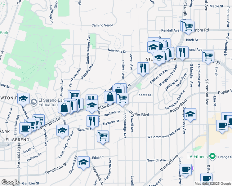 map of restaurants, bars, coffee shops, grocery stores, and more near 5361 Huntington Drive North in Los Angeles