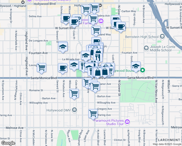 map of restaurants, bars, coffee shops, grocery stores, and more near 1138 Lillian Way in Los Angeles