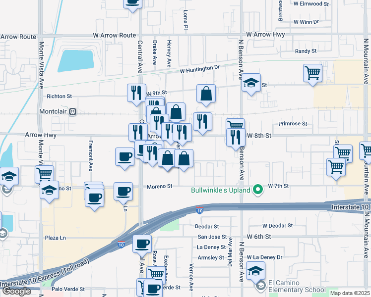 map of restaurants, bars, coffee shops, grocery stores, and more near 5483 Arrow Highway in Montclair
