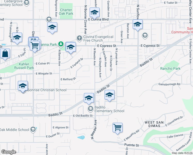 map of restaurants, bars, coffee shops, grocery stores, and more near 476 North Reeder Avenue in Covina