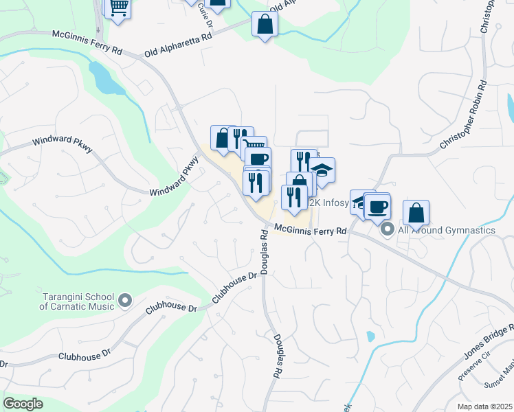 map of restaurants, bars, coffee shops, grocery stores, and more near 340 Fieldstone Walk in Alpharetta