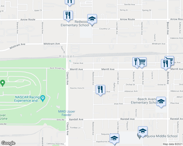 map of restaurants, bars, coffee shops, grocery stores, and more near 8932 Redwood Avenue in Fontana
