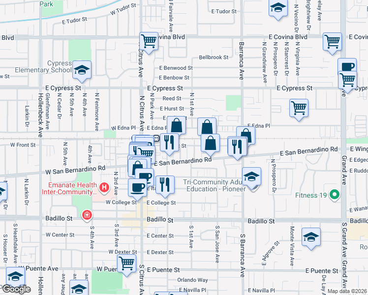 map of restaurants, bars, coffee shops, grocery stores, and more near 540 North Howard Avenue in Covina