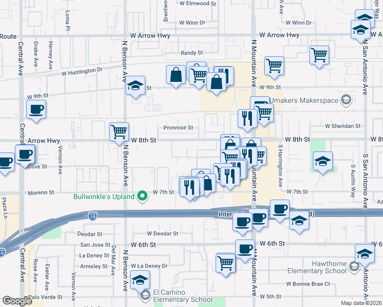 map of restaurants, bars, coffee shops, grocery stores, and more near 1393 West Maxwell Lane in Upland