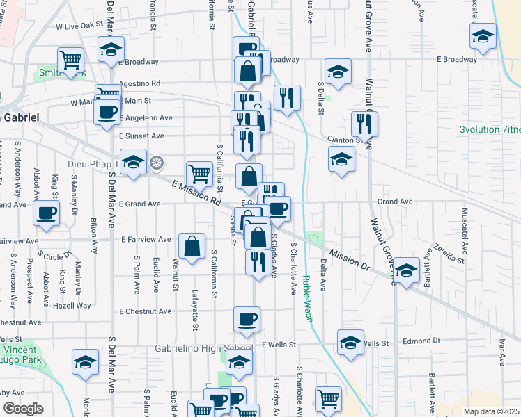 map of restaurants, bars, coffee shops, grocery stores, and more near 900 South San Gabriel Boulevard in San Gabriel