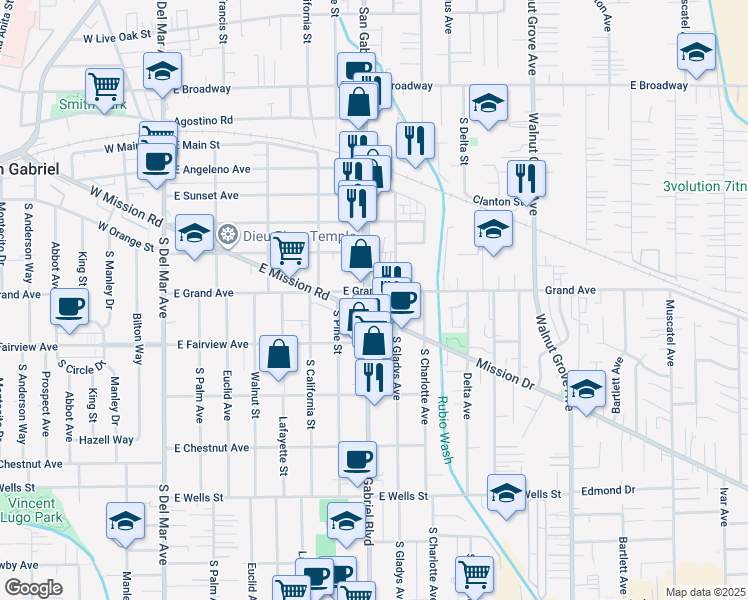 map of restaurants, bars, coffee shops, grocery stores, and more near 836 South San Gabriel Boulevard in Rosemead