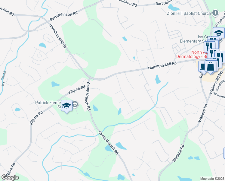 map of restaurants, bars, coffee shops, grocery stores, and more near 2934 Milltown Court in Buford