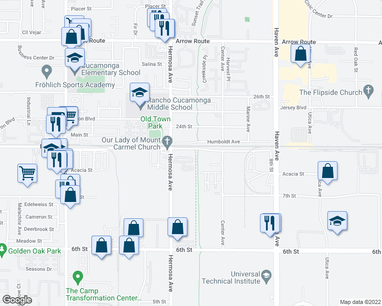 map of restaurants, bars, coffee shops, grocery stores, and more near 10179 8th Street in Rancho Cucamonga
