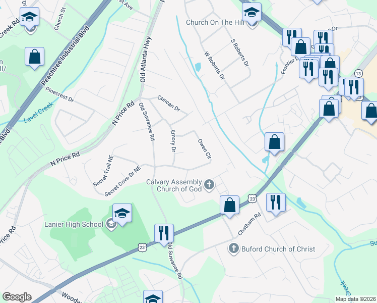 map of restaurants, bars, coffee shops, grocery stores, and more near 1153 Kyle Circle Northeast in Sugar Hill