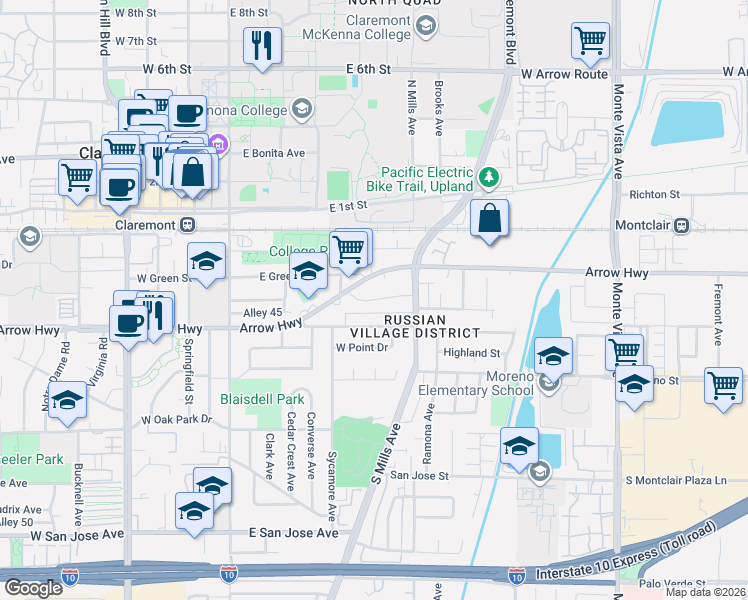 map of restaurants, bars, coffee shops, grocery stores, and more near 416 East Arrow Highway in Claremont