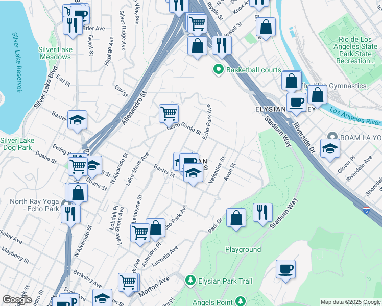 map of restaurants, bars, coffee shops, grocery stores, and more near 1608 Donaldson Street in Los Angeles