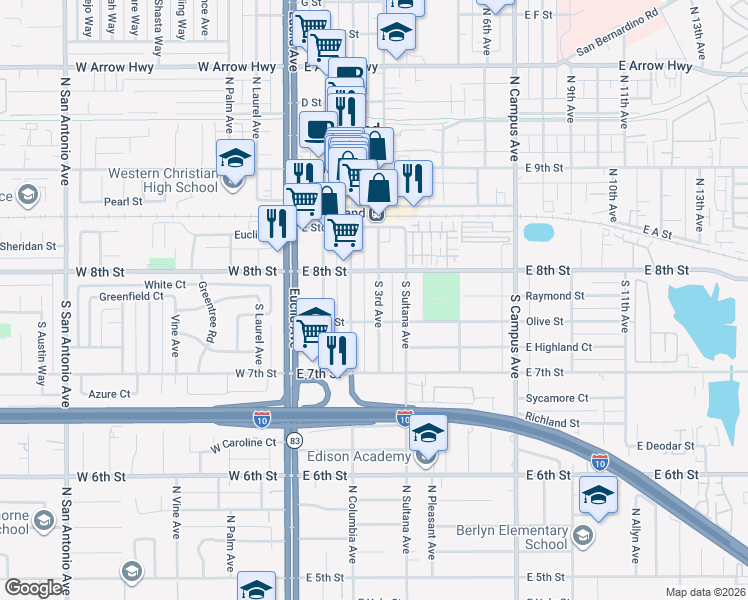 map of restaurants, bars, coffee shops, grocery stores, and more near 263 South 3rd Avenue in Upland