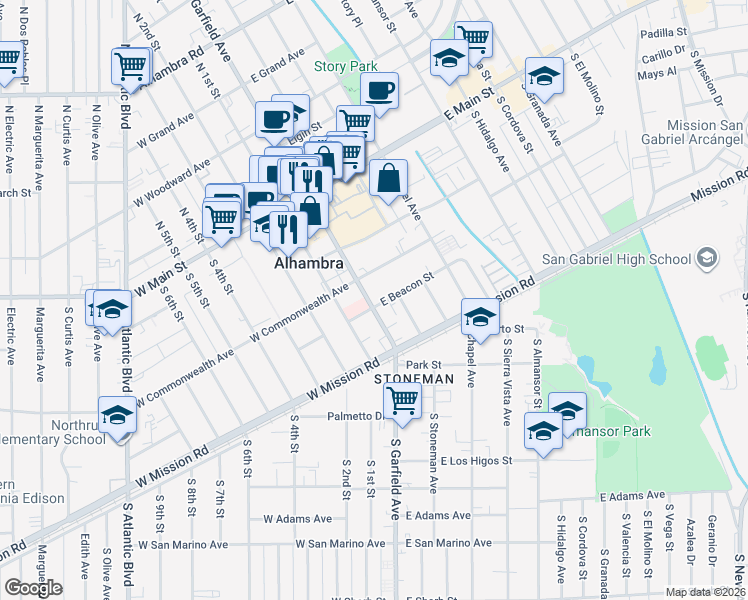 map of restaurants, bars, coffee shops, grocery stores, and more near 330 South Garfield Avenue in Alhambra