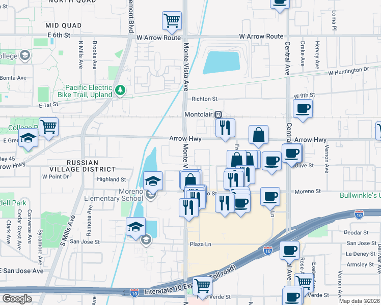 map of restaurants, bars, coffee shops, grocery stores, and more near 8951 Monte Vista Avenue in Montclair