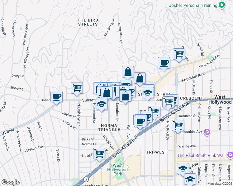 map of restaurants, bars, coffee shops, grocery stores, and more near 1127 Larrabee Street in West Hollywood