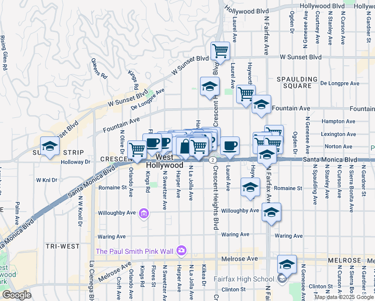 map of restaurants, bars, coffee shops, grocery stores, and more near 8213 Norton Avenue in West Hollywood
