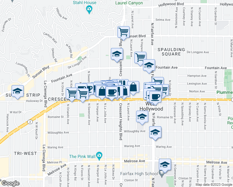 map of restaurants, bars, coffee shops, grocery stores, and more near 8110 Norton Avenue in West Hollywood