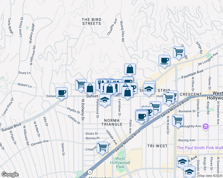 map of restaurants, bars, coffee shops, grocery stores, and more near 1125 North Clark Street in West Hollywood
