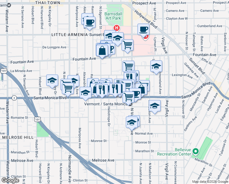 map of restaurants, bars, coffee shops, grocery stores, and more near 1119 North Berendo Street in Los Angeles