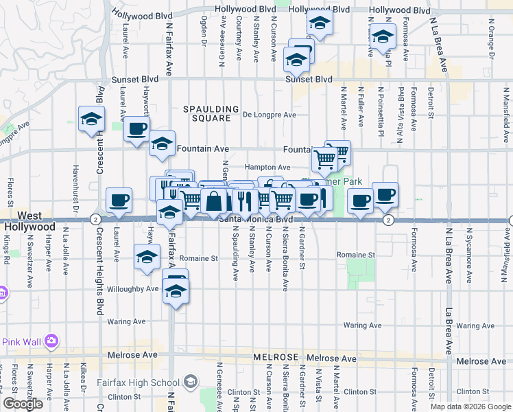 map of restaurants, bars, coffee shops, grocery stores, and more near 7630 Norton Avenue in West Hollywood