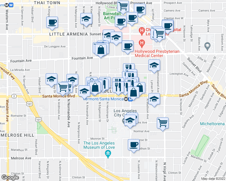 map of restaurants, bars, coffee shops, grocery stores, and more near 1119 North Berendo Street in Los Angeles
