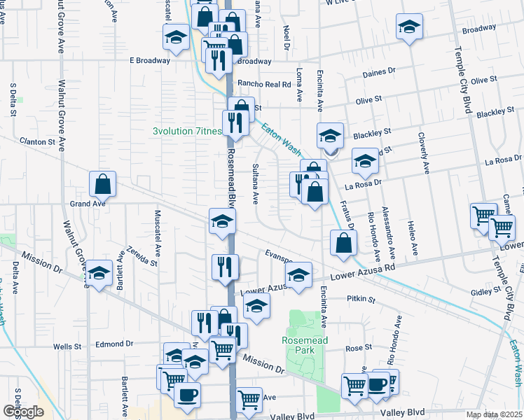 map of restaurants, bars, coffee shops, grocery stores, and more near 5053 Sereno Drive in Temple City