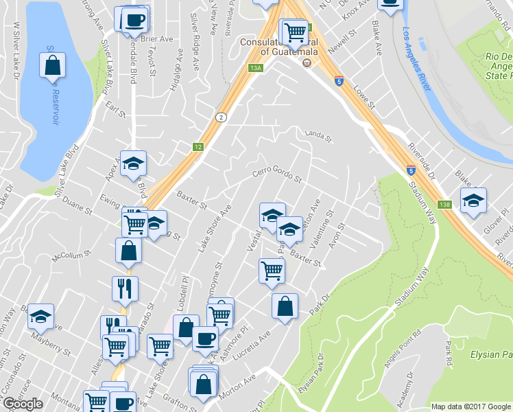 map of restaurants, bars, coffee shops, grocery stores, and more near 2140 Lemoyne Street in Los Angeles