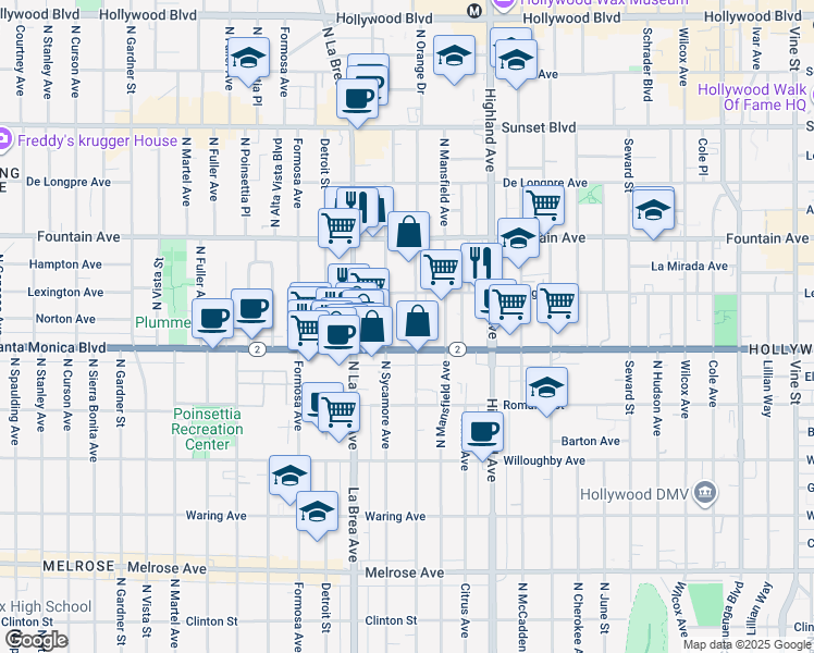 map of restaurants, bars, coffee shops, grocery stores, and more near 1117 North Orange Drive in Los Angeles