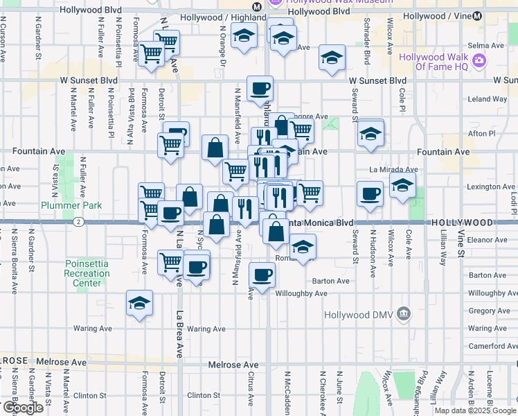 map of restaurants, bars, coffee shops, grocery stores, and more near 1140 North Citrus Avenue in Los Angeles