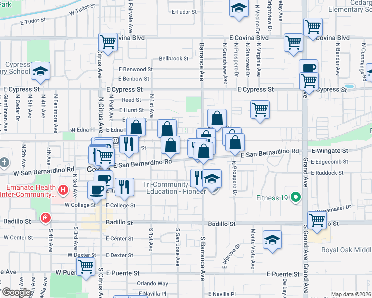 map of restaurants, bars, coffee shops, grocery stores, and more near 639 Barranca Avenue in Covina