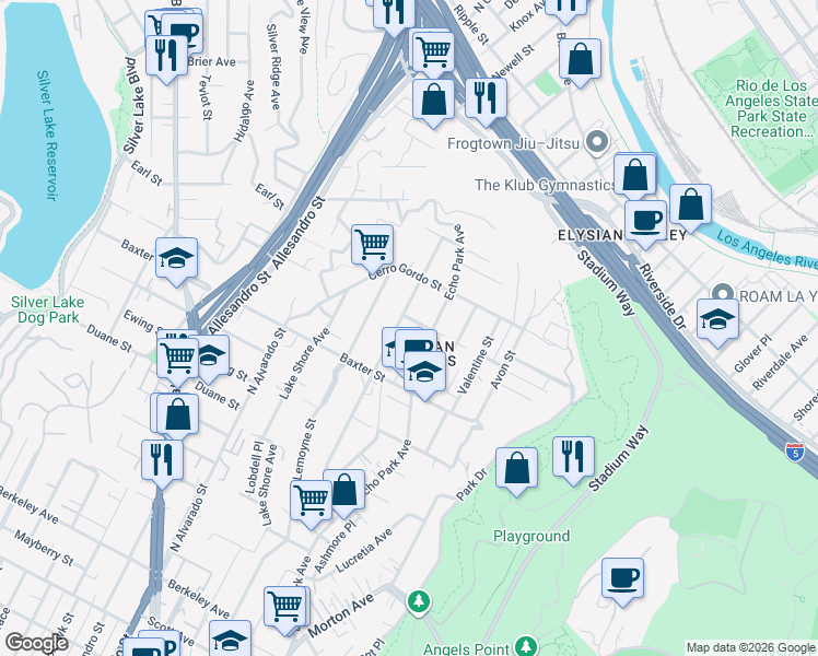 map of restaurants, bars, coffee shops, grocery stores, and more near 2217 Echo Park Avenue in Los Angeles