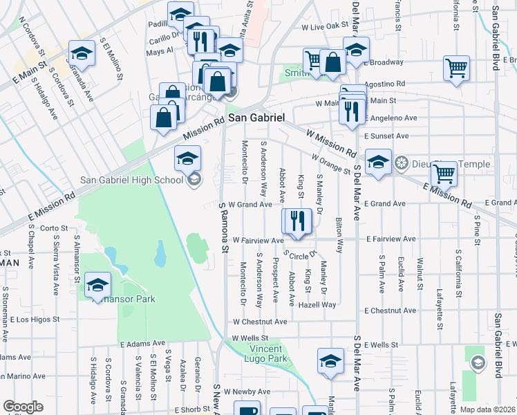 map of restaurants, bars, coffee shops, grocery stores, and more near 901 South Anderson Way in San Gabriel