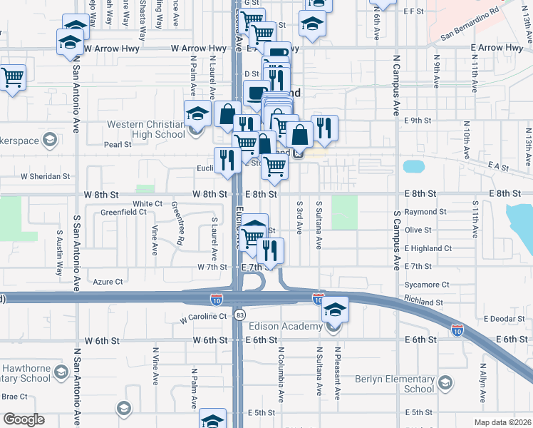 map of restaurants, bars, coffee shops, grocery stores, and more near 252 South 1st Avenue in Upland