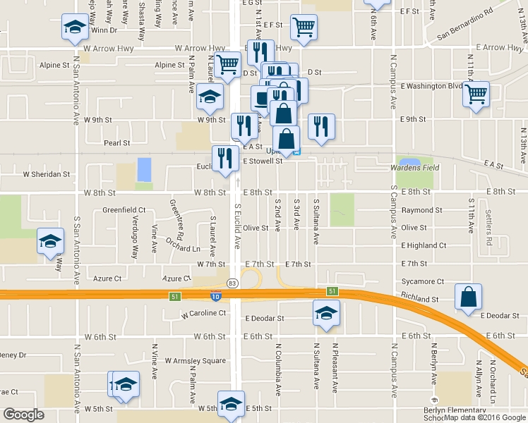 map of restaurants, bars, coffee shops, grocery stores, and more near 252 South 1st Avenue in Upland