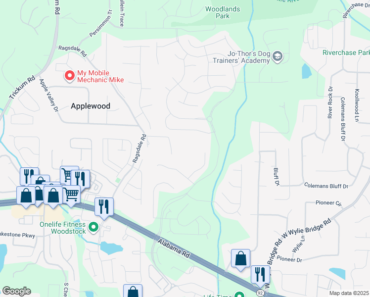 map of restaurants, bars, coffee shops, grocery stores, and more near 511 Ragsdale Terrace in Woodstock